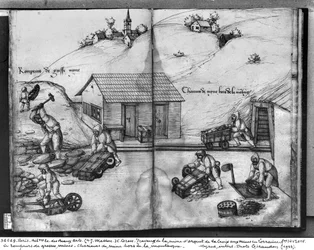Silbermine von La Croix-aux-Mines, Lothringen, fol.14v und fol.15r, Erzabbau und -transport, ca. 1530